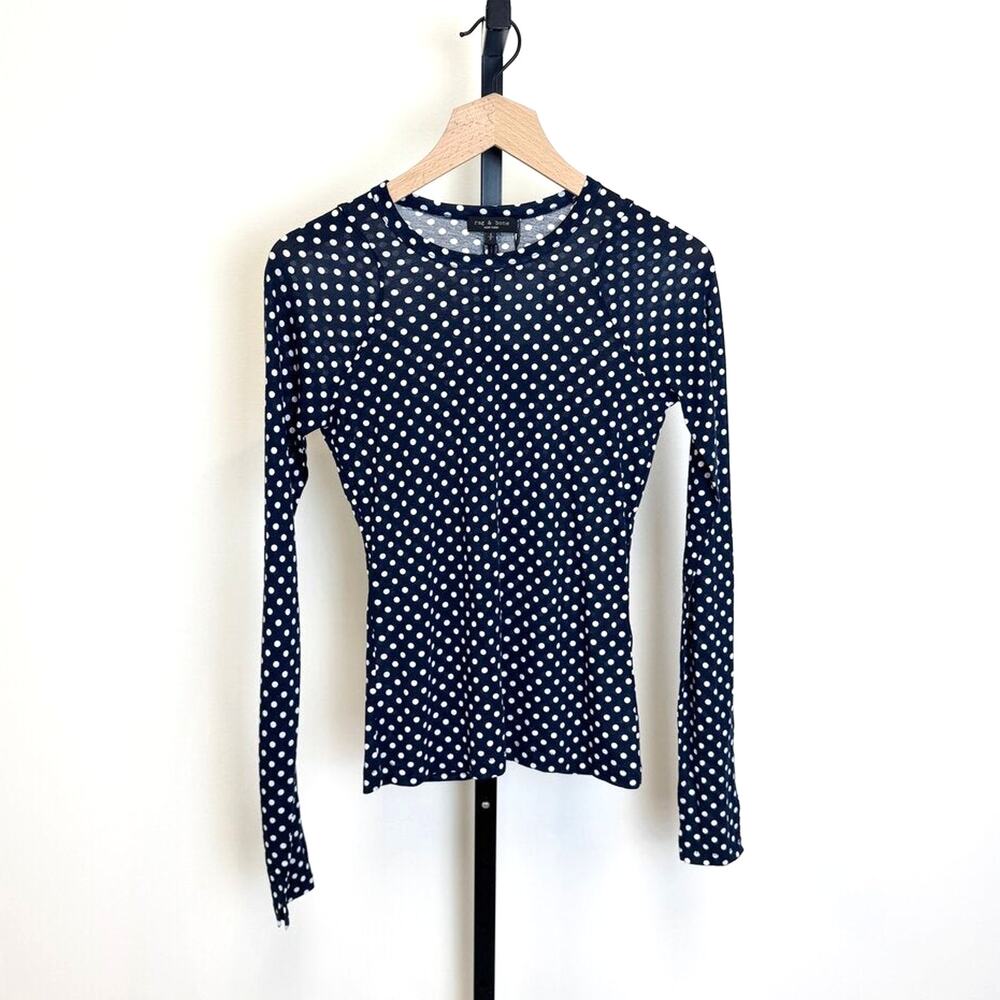 Rag & Bone Cotton Modal Navy Polka Dot Long Sleeve Top Small NEW White Crewneck